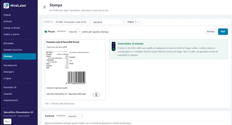 MindLabel, stampa: anteprima dell'etichetta e semaforo verde che conferma traduzioni, codici a barre e altezza minima dei caratteri