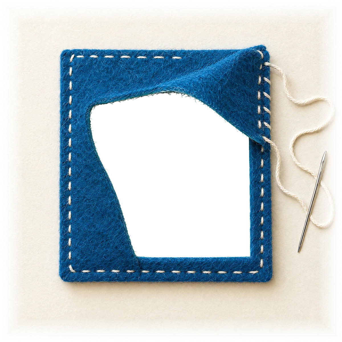 Tasca di feltro blu cucita a mano che si apre su una dashboard di e-commerce